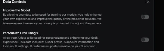 The grok.com Data Controls page with the Improve the Model training toggle and the Personalize Grok using X toggle, both switched off.