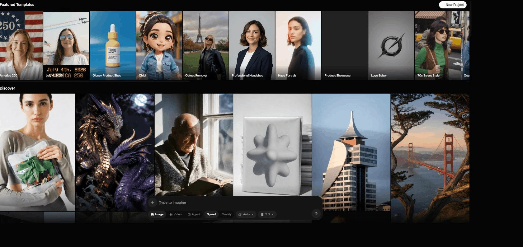 The Grok Imagine interface on grok.com with a template gallery, a Discover feed of generated images, and a prompt bar with Image, Video, and Agent modes.