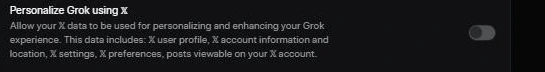 The Personalize Grok using X control on the grok.com Data Controls page, switched off.