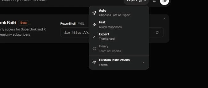 The SuperGrok mode picker on grok.com showing Auto, Fast, and Expert modes, with a greyed out Heavy Team of Experts option.