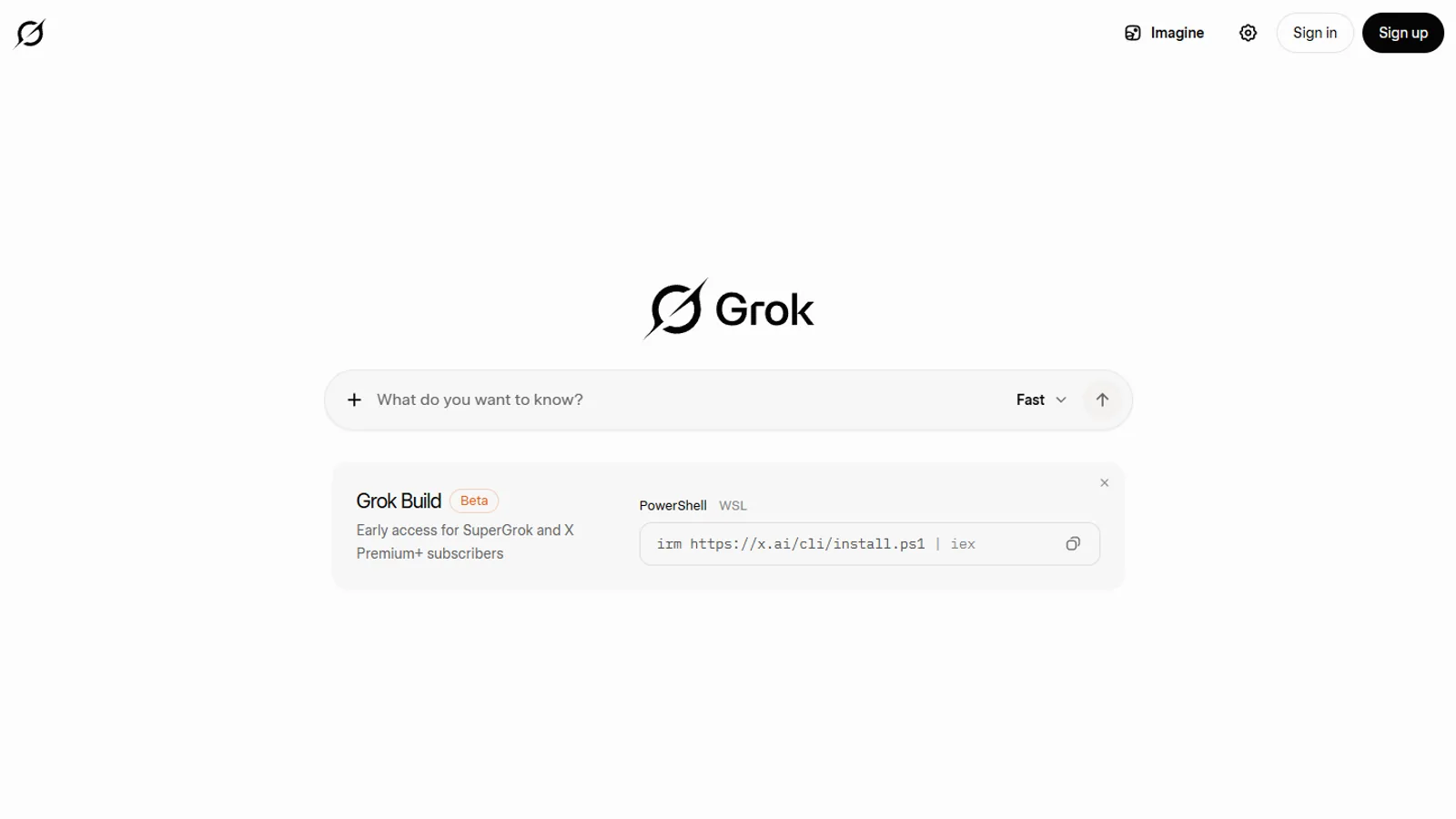 Official Grok desktop page with prompt bar and Grok Build panel.