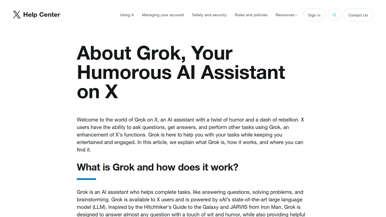 Official X Help page about Grok shown on desktop