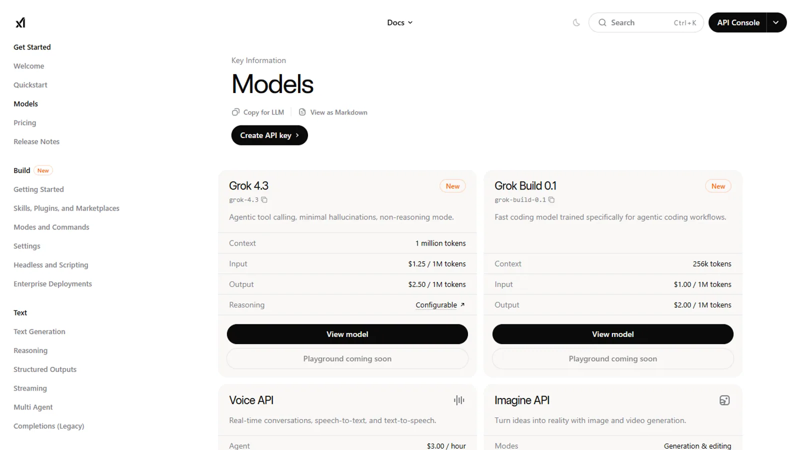 Official xAI developer documentation page listing the current Grok model catalog.