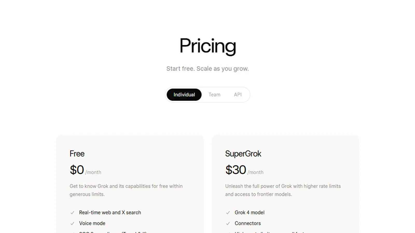 Official xAI pricing cards shown on a desktop screen